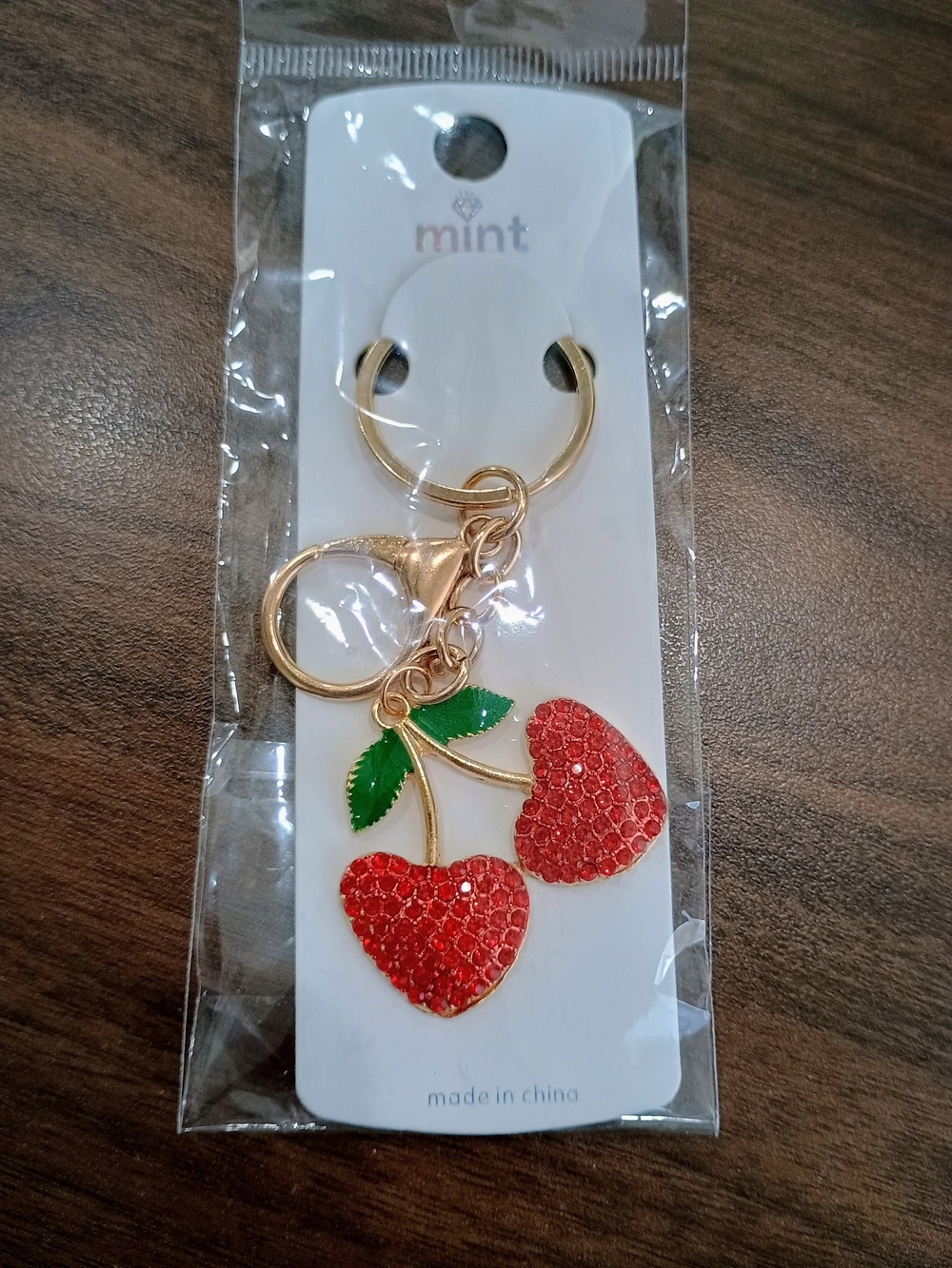Mint Red Rhinestone Cherry Keychain